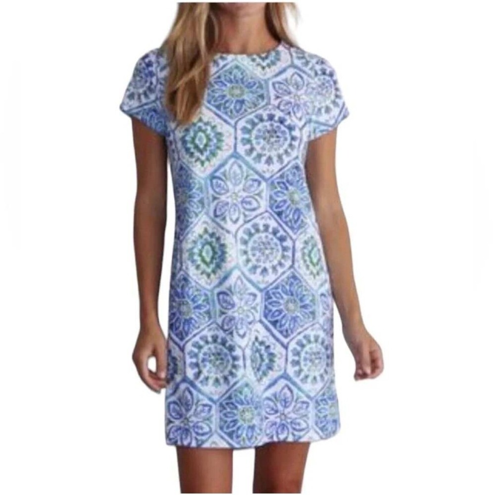 Jude Connally Ella Dress Jude Cloth Mosaic Tile Periwinkle Blue Short Sleeve M